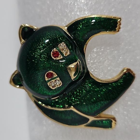 Enamel Panda Bear with Green Body & Clear & Red Rhinestone Eyes Brooch - Picture 1 of 6